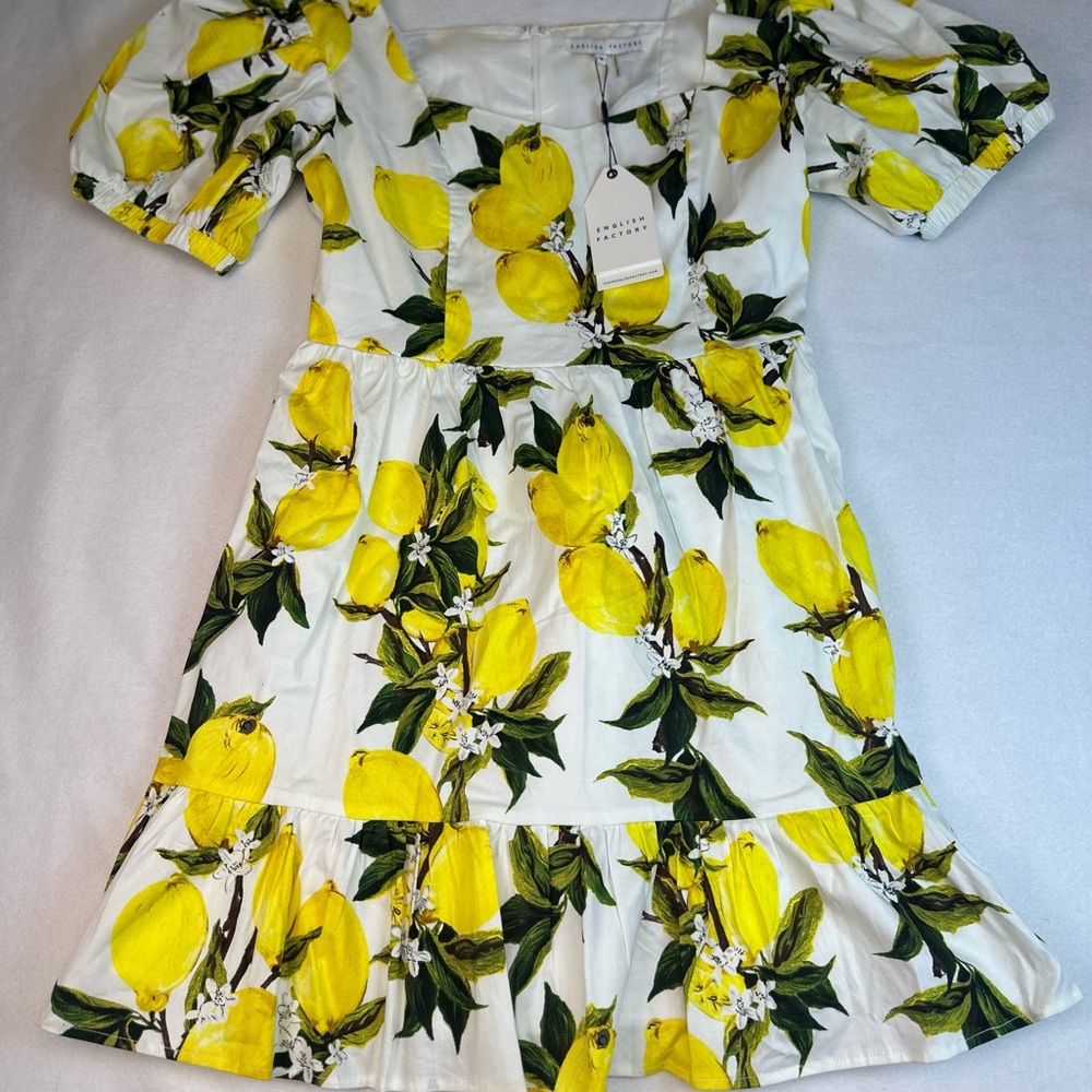 English Factory Dress Yellow‎ Lemon Womens Size M Puff Shoulder Summer Warm NWT